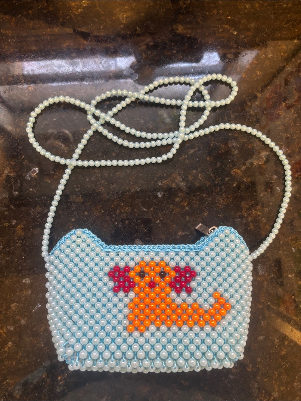 Hand Crafted Light Blue Beaded Purse with Orange & Red Dog Motif